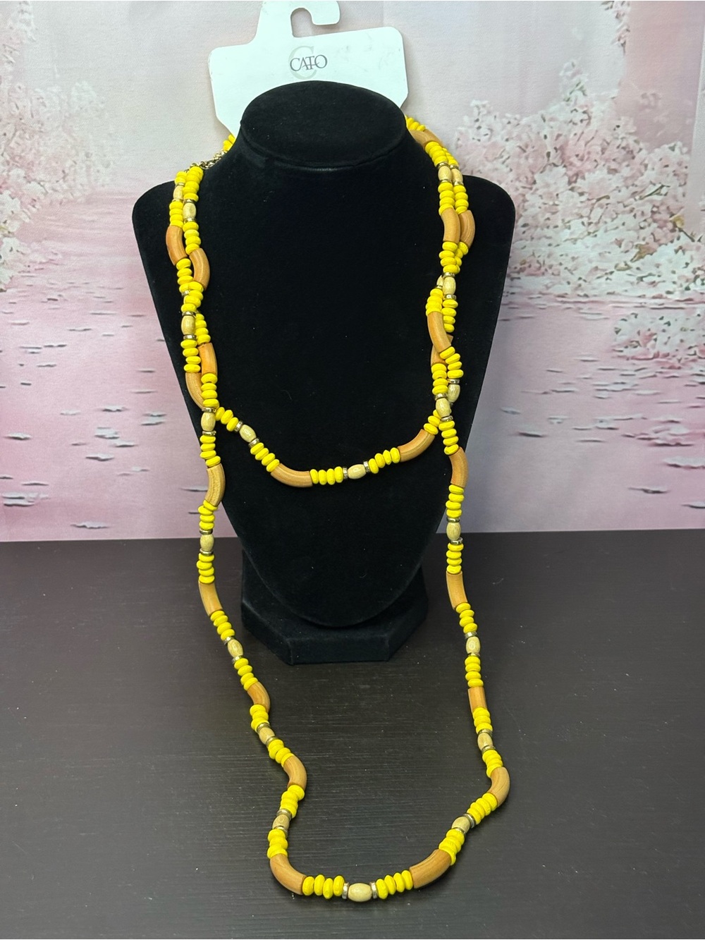 Cato Yellow & Wood Beaded Long Necklace